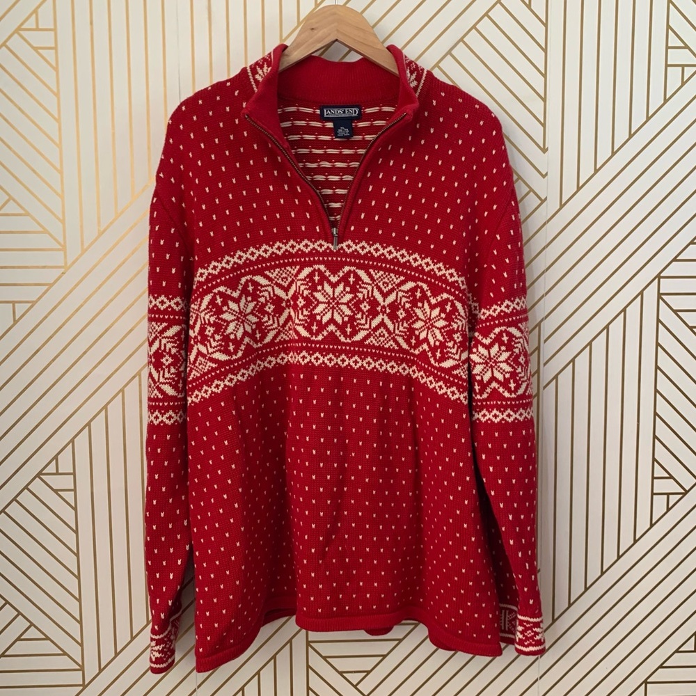 Lands’ End 100% Cotton Fair Isle Snow flakes Quarter Zip XL 46-48 Vintage collar